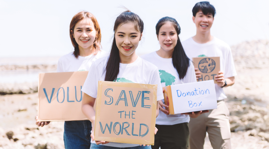 Group Asian Diverse People Volunteer Holding Speech Sign World Environment Day Campaignearth Day About Pollutionecosystemenergy Garbage
